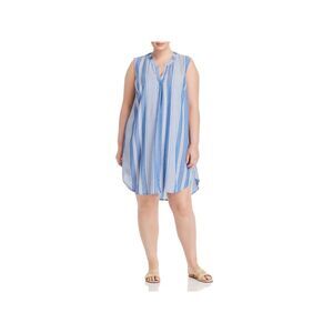 SINGLE THREAD Womens Blue Striped Sleeveless Split Short Shift Dress Plus 2X